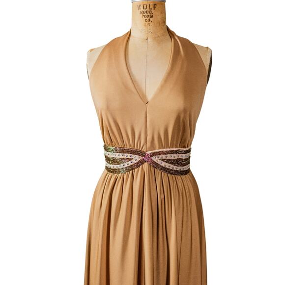 VTG 70s Lee Jordan Halter Maxi Dress Tan Rhinestone Evening Gown, Glam Disco M L - Picture 12 of 16